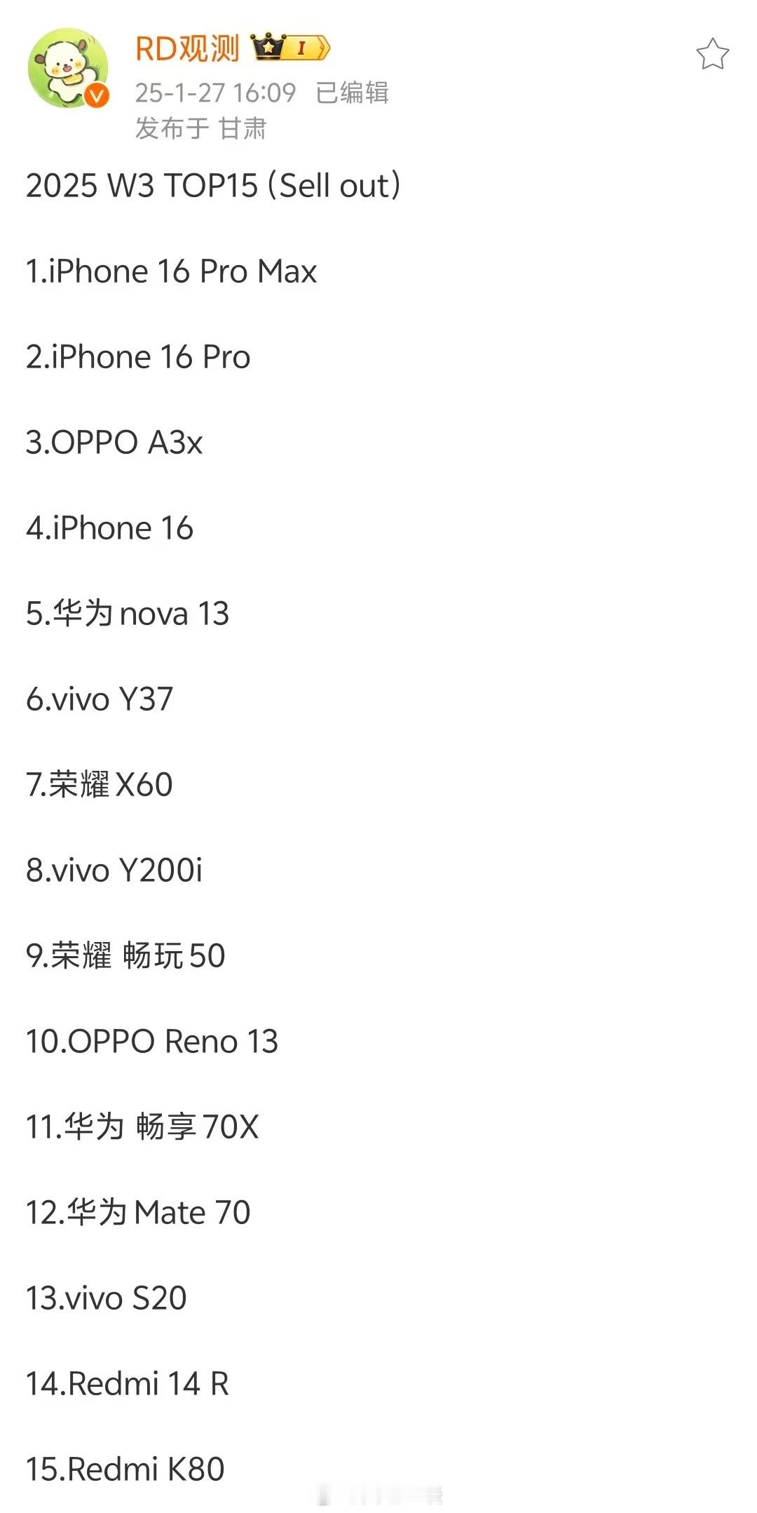 W3单品销量Top151、iPhone 16 Pro系列是真牛，这是连续多少周霸