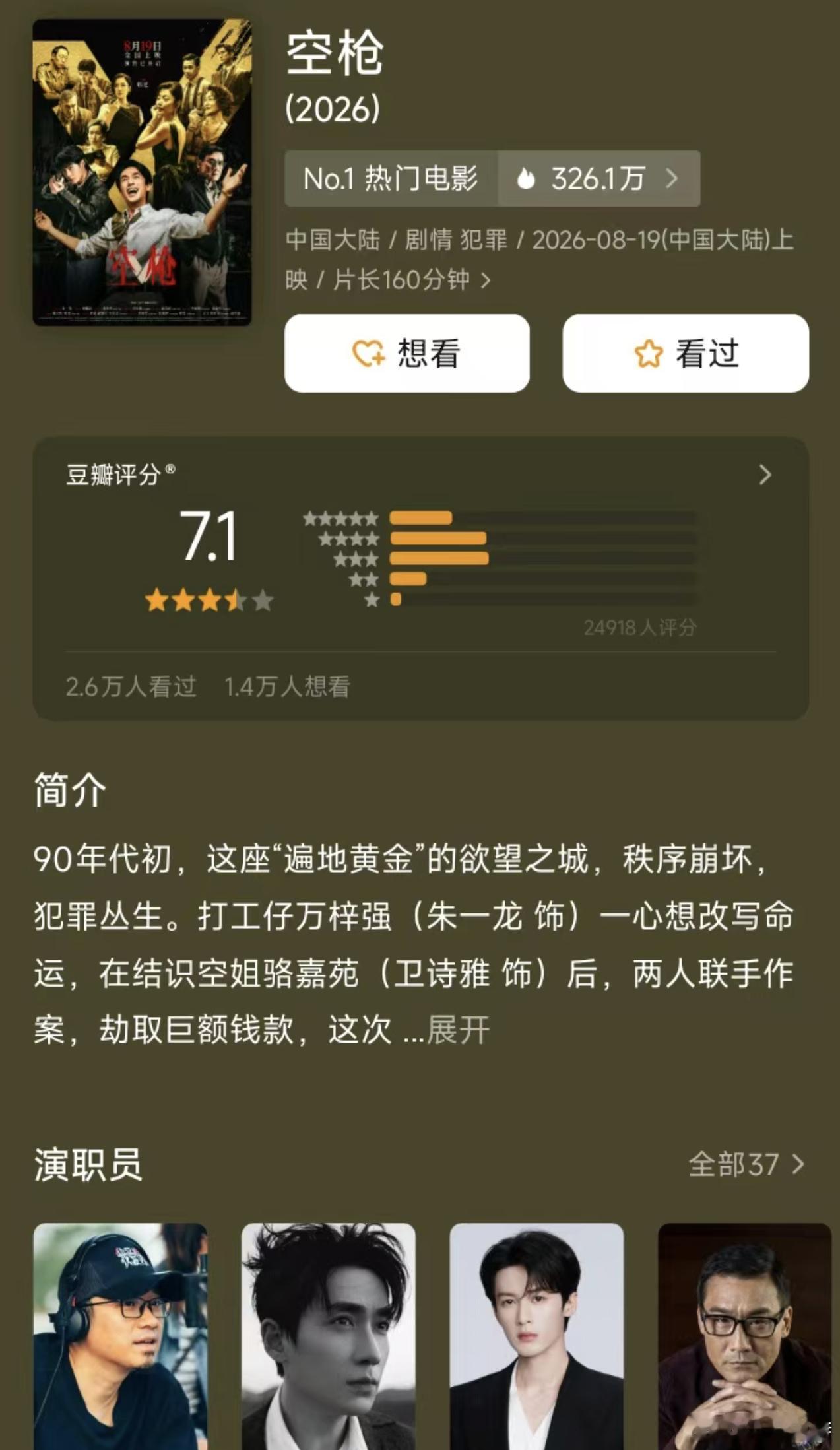 听听温特怎么说 《空枪》豆瓣开分7.1分。 