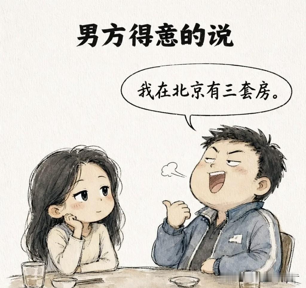 有趣漫画推荐：男方得意地说：「我在北京有三套房。」女方眼睛一亮：「真的？」男方点