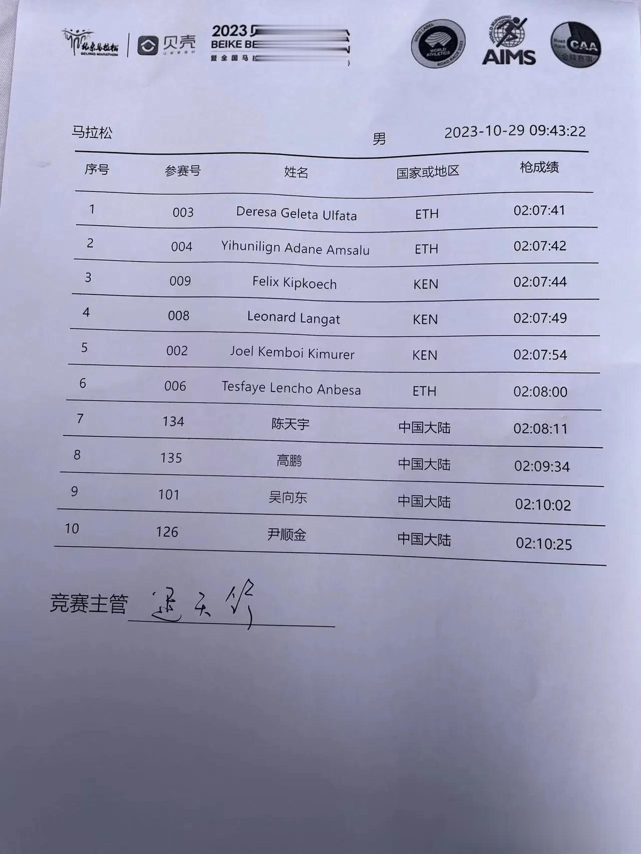 北京马拉松男女前10名成绩出来了，这应该是枪响成绩。
男子第一埃塞俄比亚选手乌尔