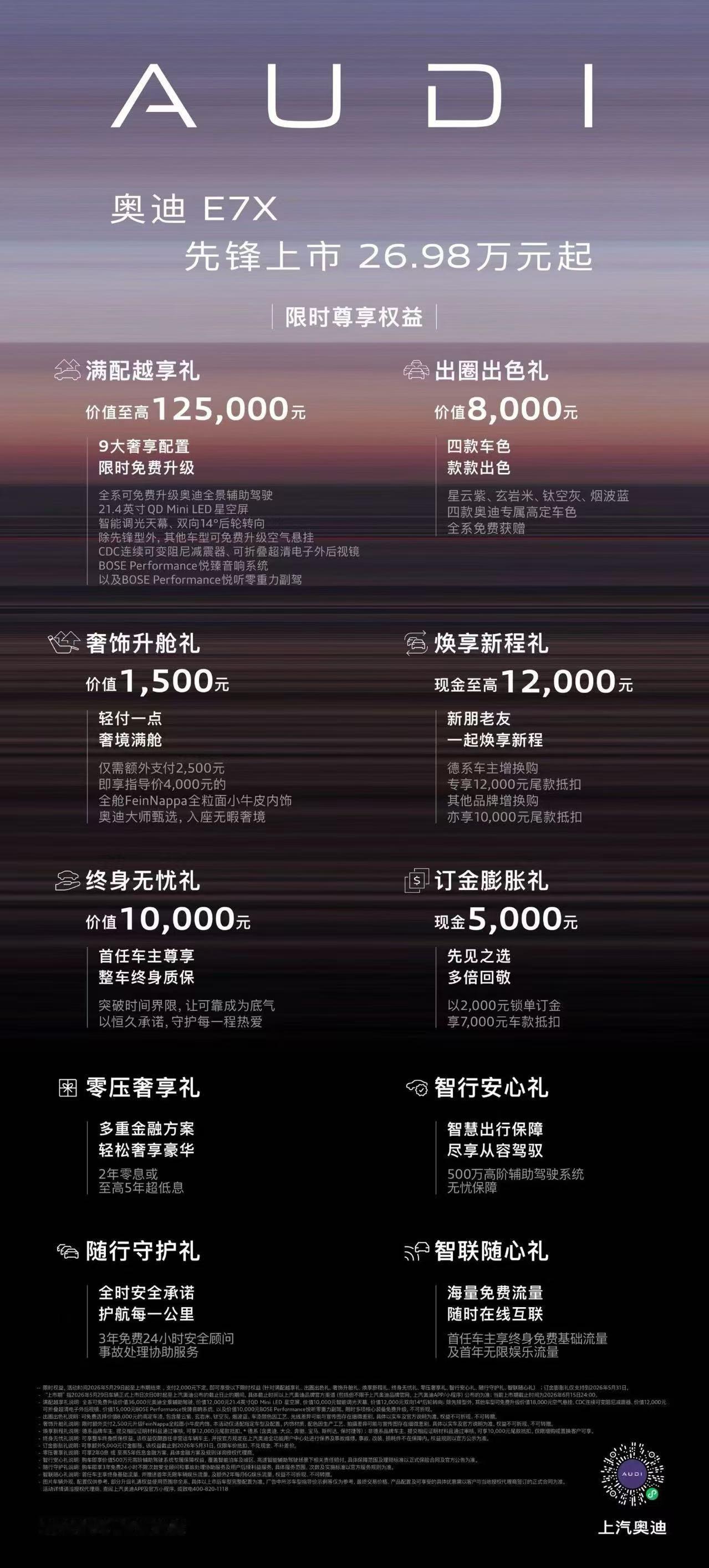 奥迪E7X上市火爆ta们都入手了 上市消息一出，朋友圈直接刷屏，身边好几个朋友都