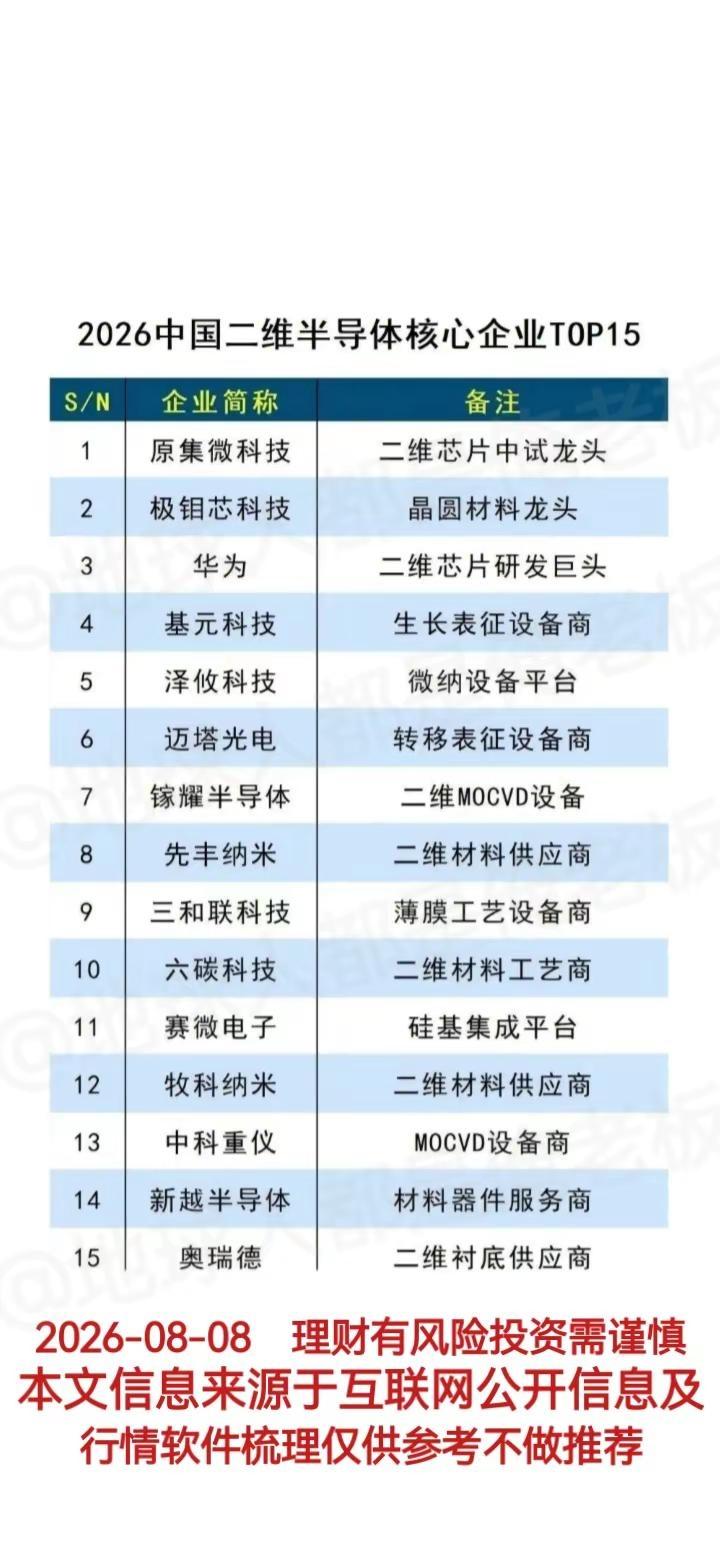 2026中国二维半导体核心企业TOP15。财经 经济 @2026中国二维半导体核