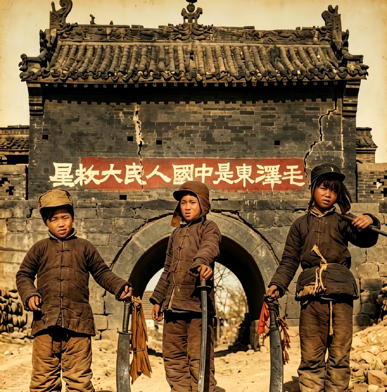 这是1947年华北解放区三名儿童团成员手持大刀站在城门下留影。这三把刀应该不是他