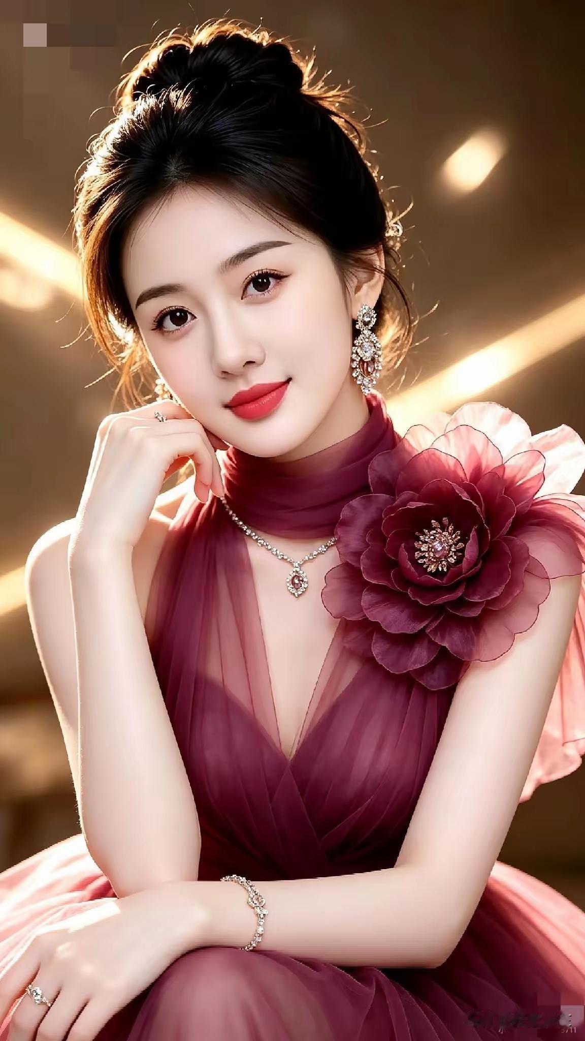 红衣美人倚，花影映芳姿。