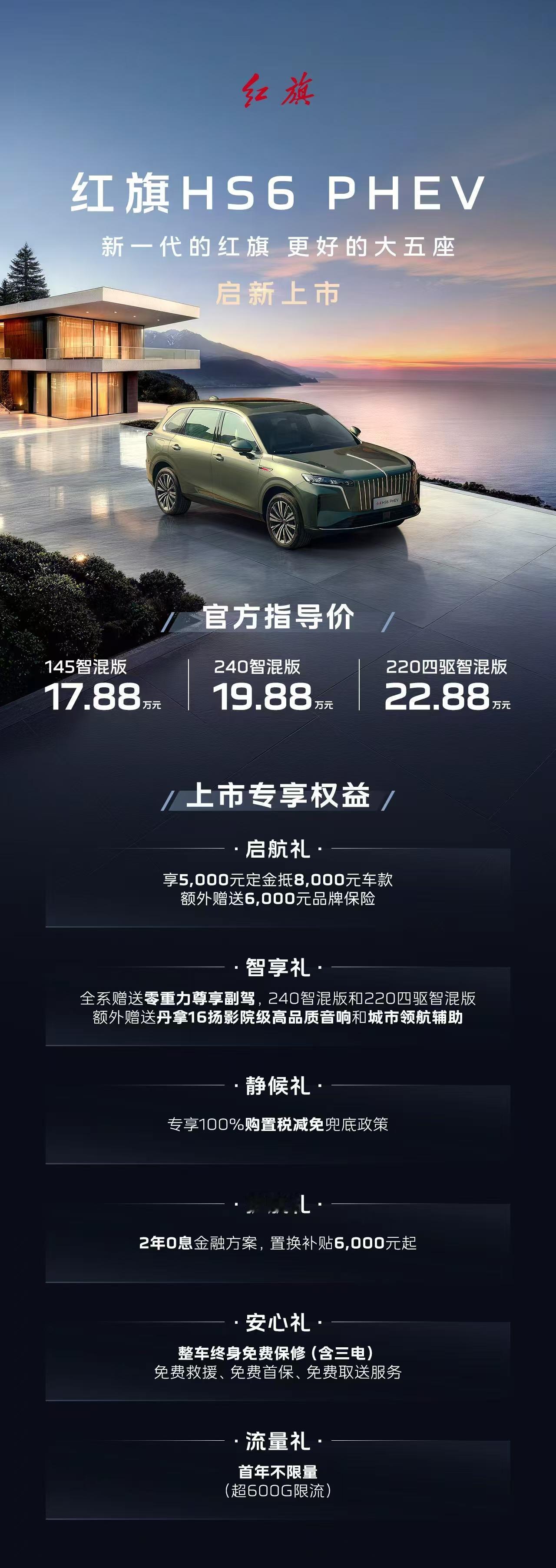 车盟快讯：今晚，红旗HS6 PHEV正式上市，官方指导价区间17.88万-22.