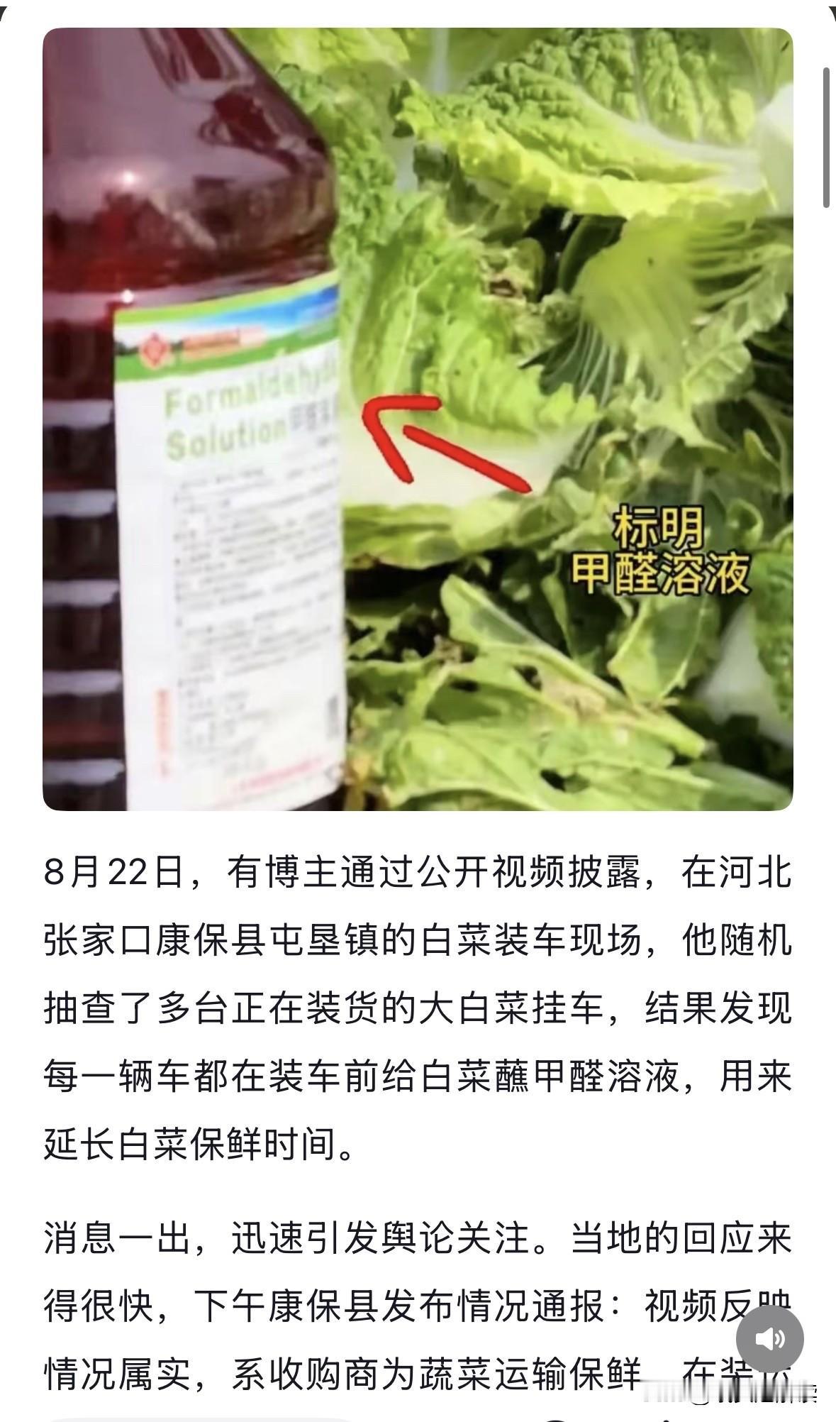 白菜蘸甲醛装车运往外地！官方通报属实：这是把一类致癌物往百姓嘴里送
博主“渔猎齐