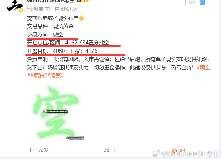 提前布局黄金4163空，现报4132位置已有310个点，提前止盈！时间点位自行对