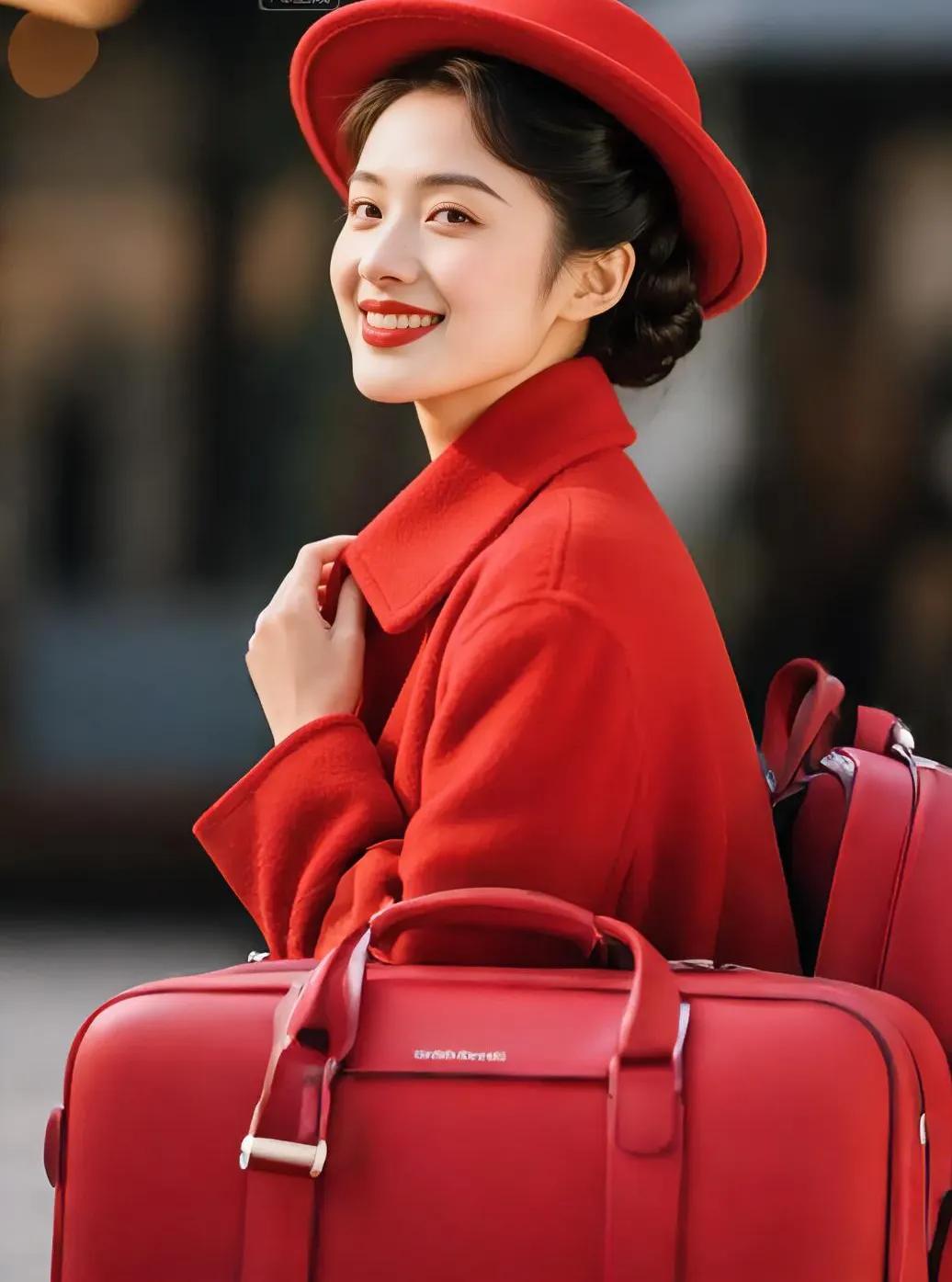 暖阳漫过肩头，一抹正红撞入眼底。复古礼帽衬出温婉气韵，羊毛大衣裹着恰到好处的优雅