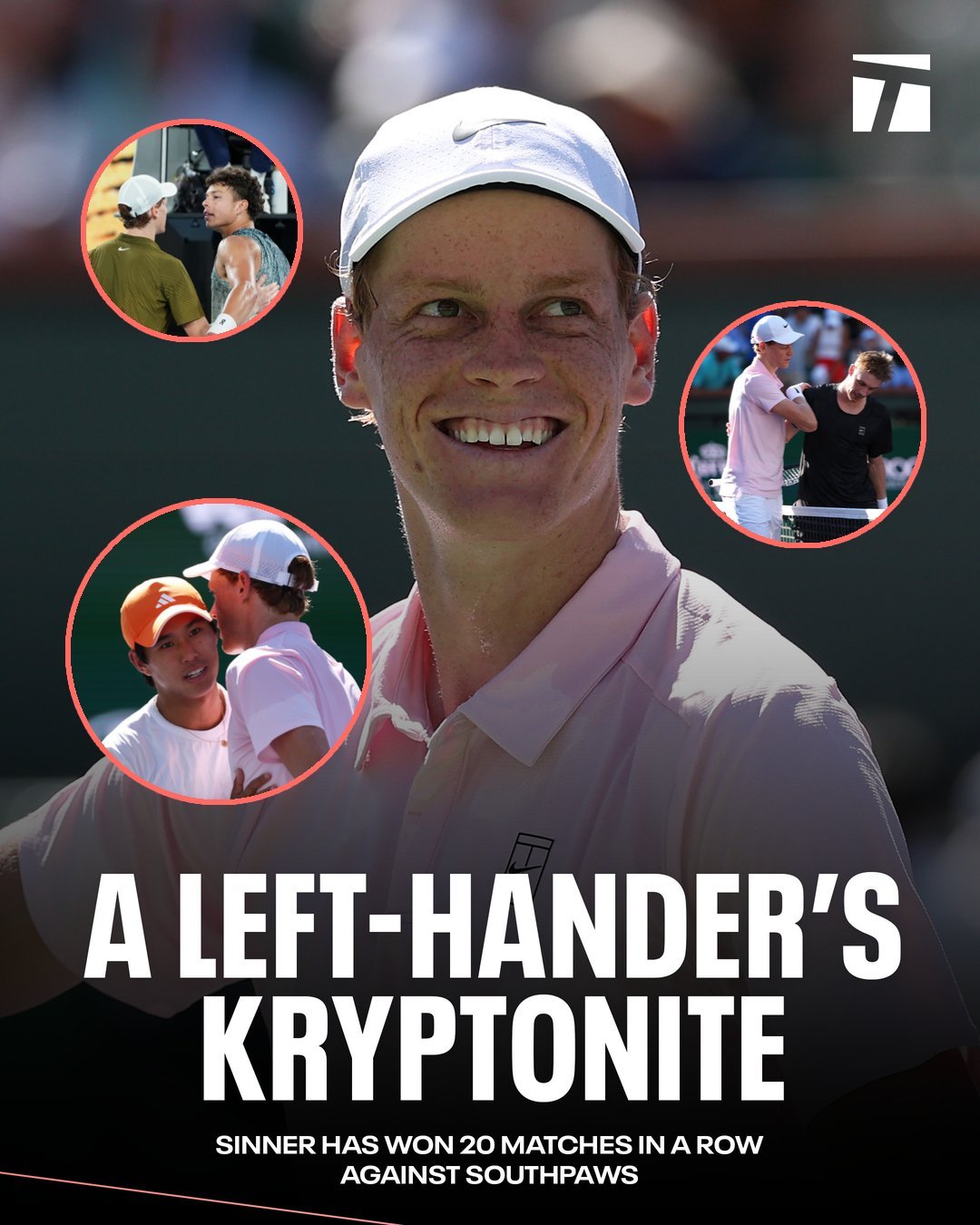 辛纳以6-1、6-2大胜勒纳-钱，取得对左撇子球员的20场连胜，打进印第安维尔斯