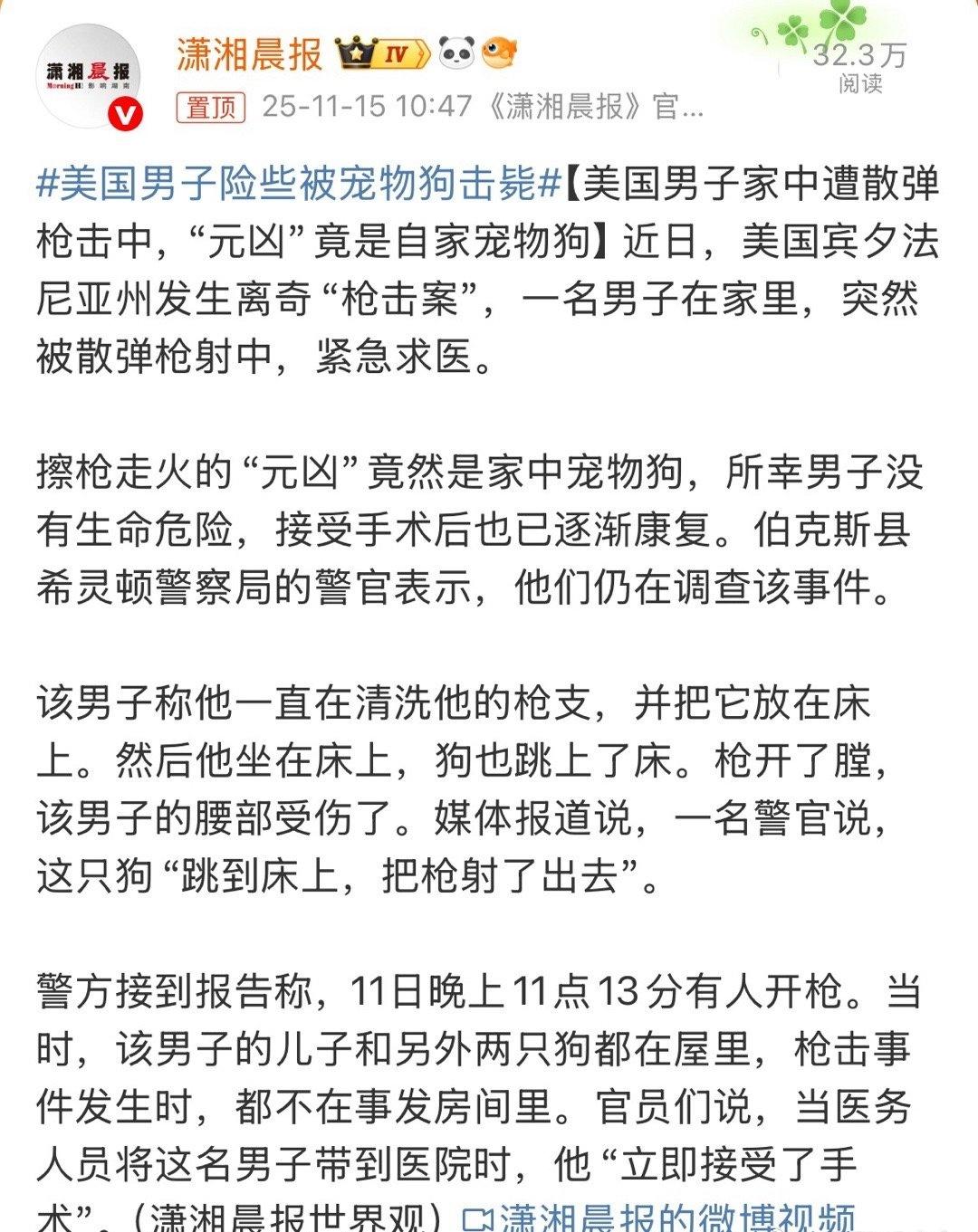 美国男子险些被宠物狗击毙日本熊杀人了，美国狗也闲不住啊