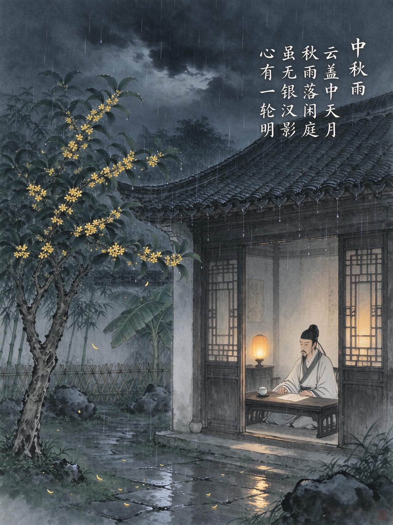 中秋雨
云掩中天月， 秋雨落闲庭。 虽无银汉影， 心有一轮明。