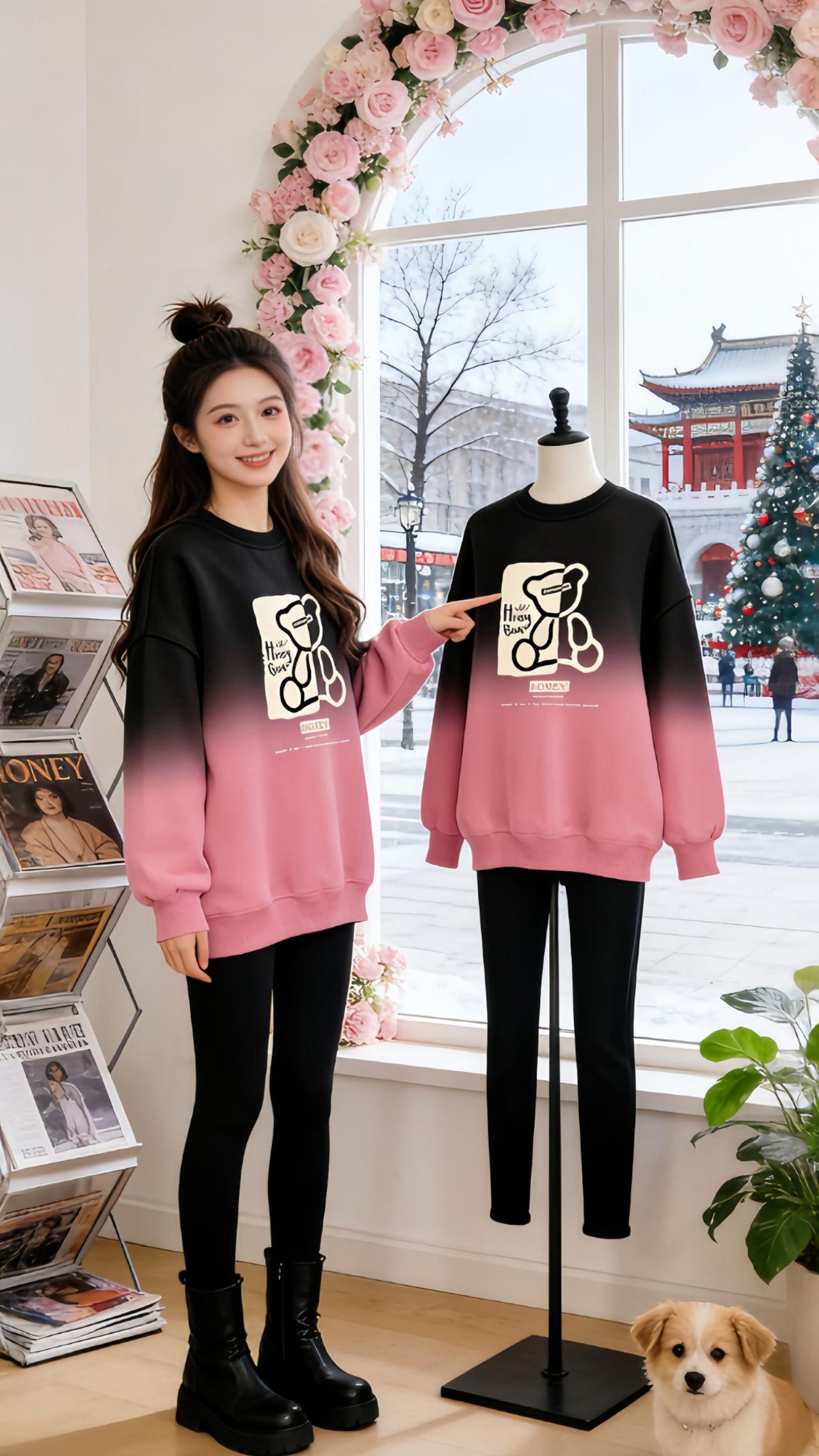 Danny的冬日穿搭太戳我啦！这款黑粉渐变加绒卫衣颜值直接拉满，半扎丸子头搭配起