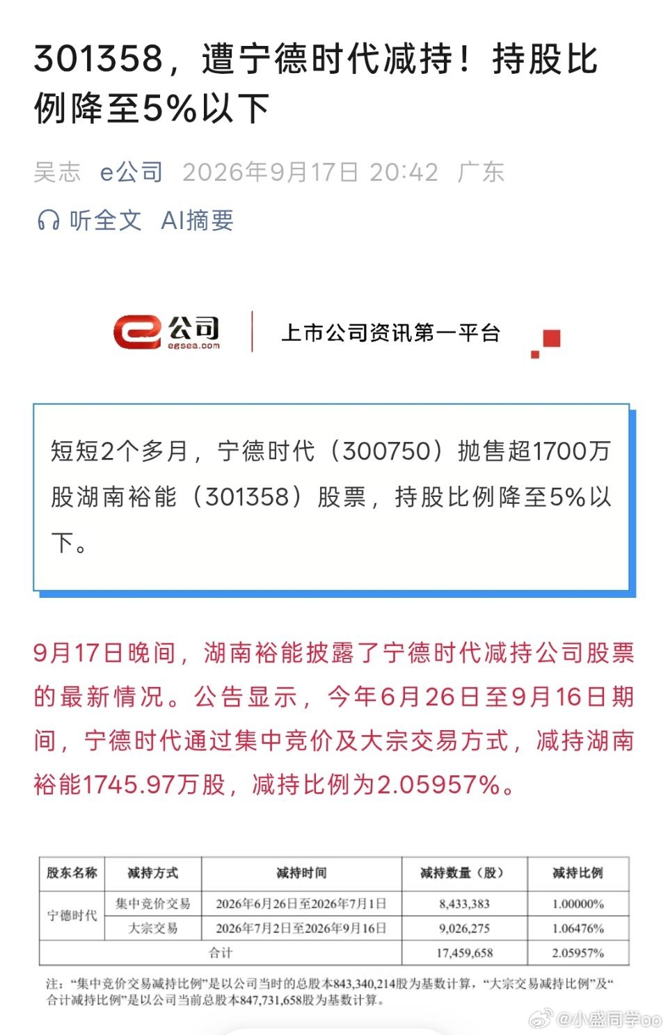 大哥原来早就跑了啊[泪][泪]9月17日晚间，湖南裕能披露了宁德时代减持公司股票