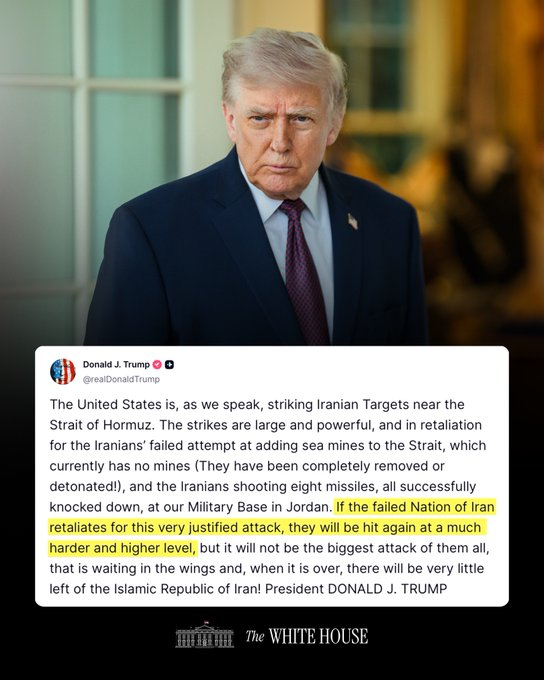 “正如我们现在所说，美国正在打击伊朗霍尔木兹海峡附近的伊朗目标。这些打击规模庞大