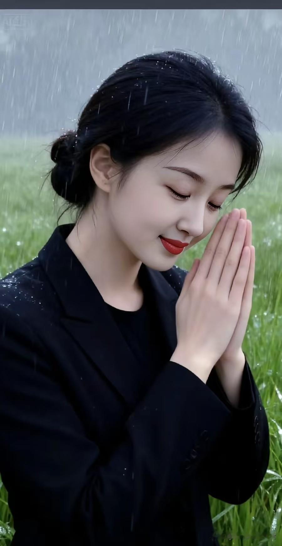 浣溪沙·雨里祈安
 
雨织清丝落野塘，青芜凝翠洗尘霜。
玄衣素手敛神光。
 
低