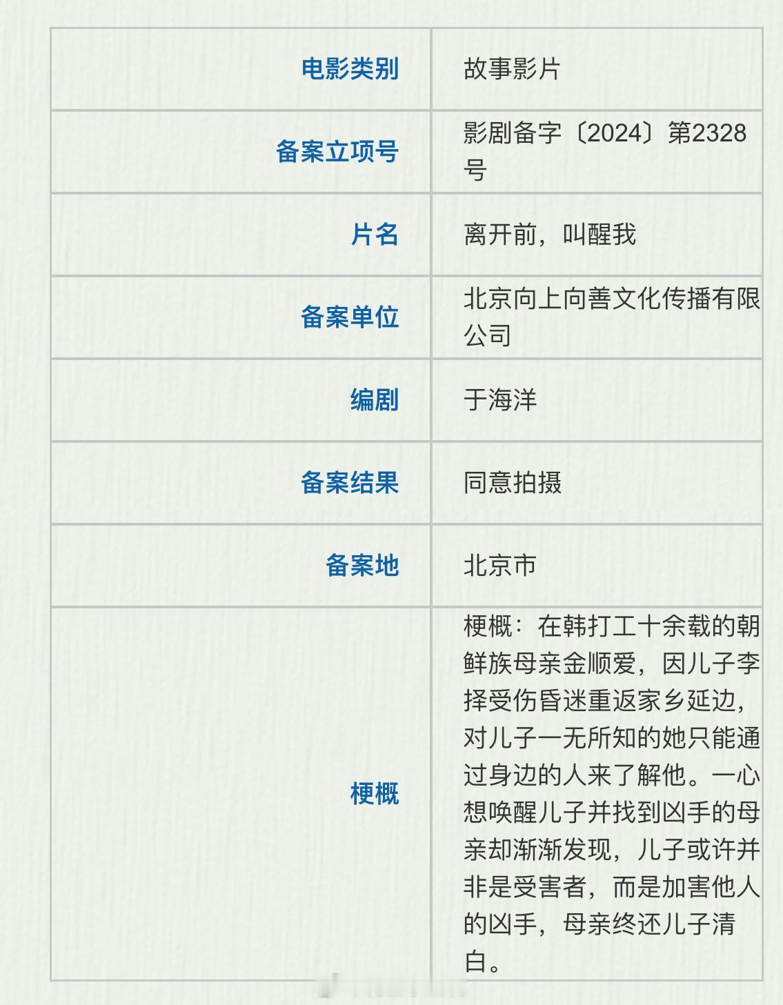 电影《离开前，叫醒我》备案编剧、导演：于海洋监制：田壮壮梗概：在韩打工十余载的朝
