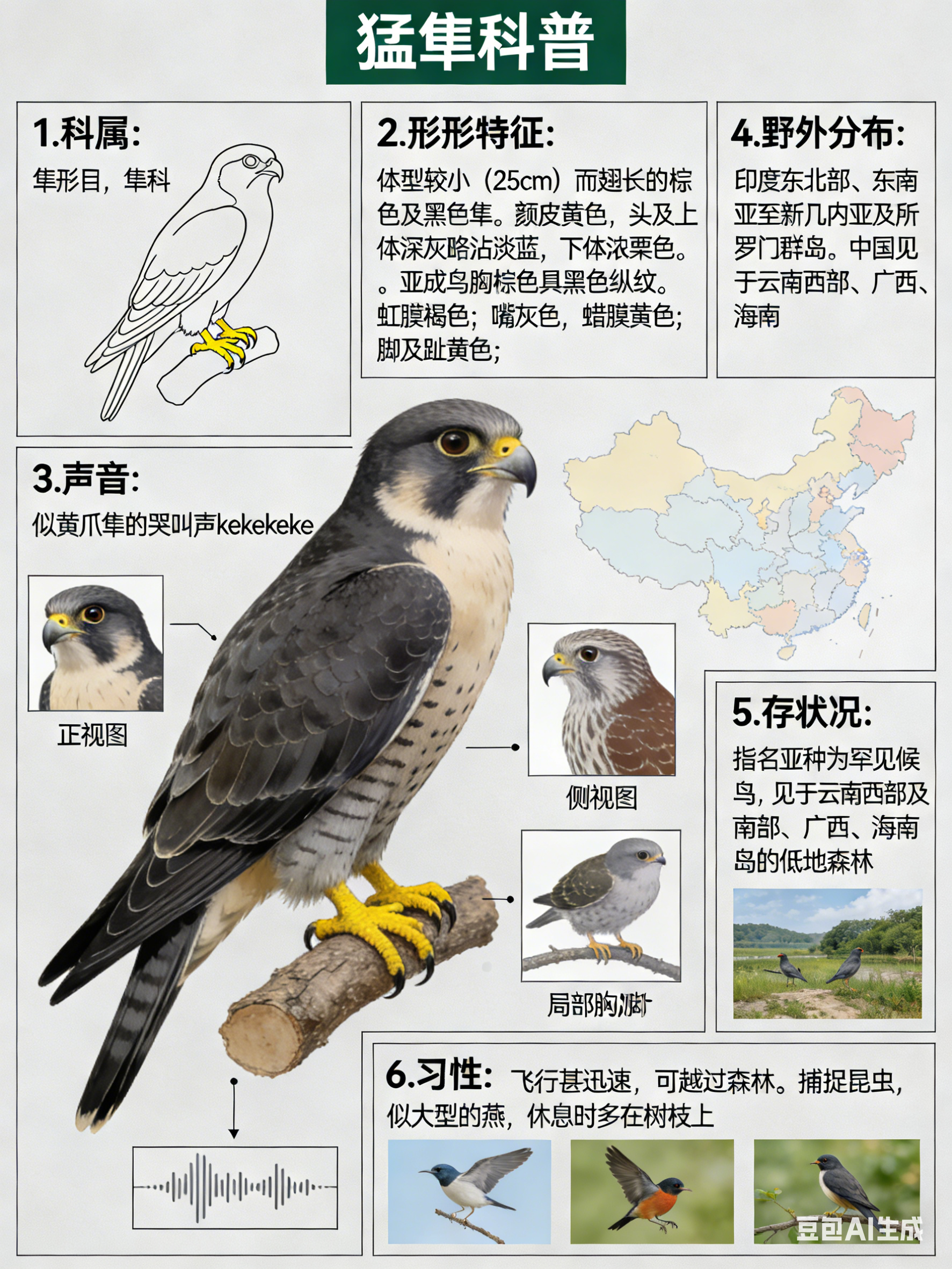 鸟类朋友图鉴 猛隼·科属：隼形目，隼科。·外形特征：体型较小（25cm）而翅长的