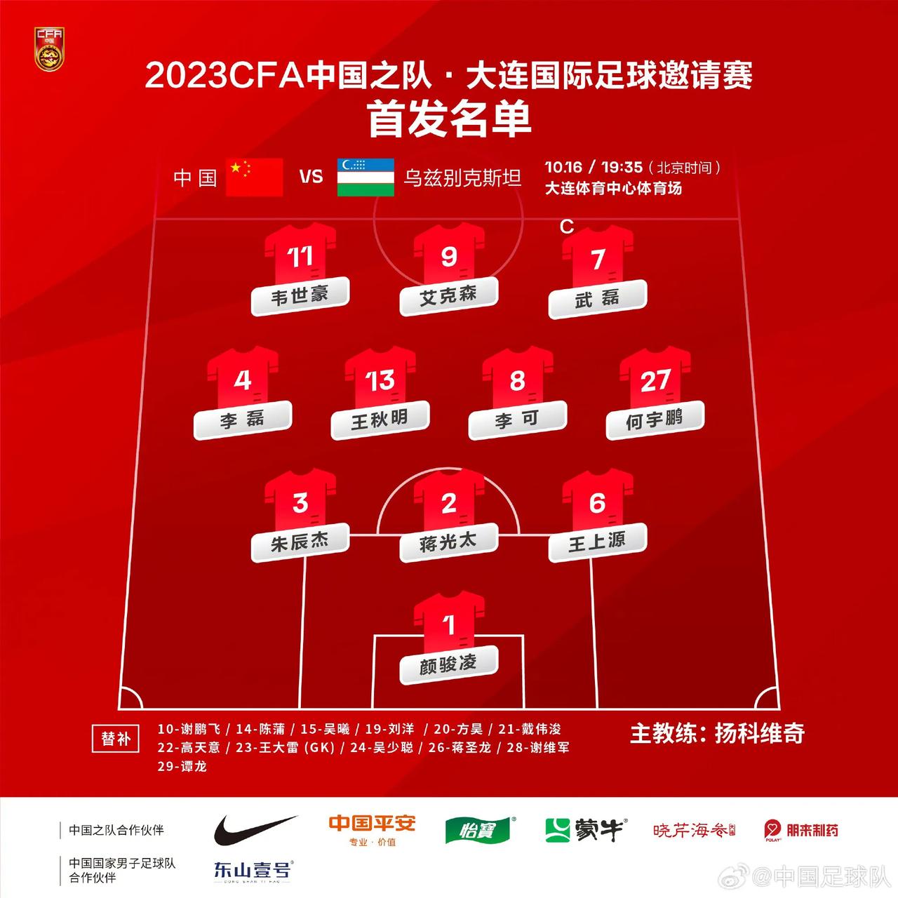 国足对阵乌兹别克斯坦，颜骏凌，谢尔盖耶夫首发。
谢尔盖耶夫：“How old a
