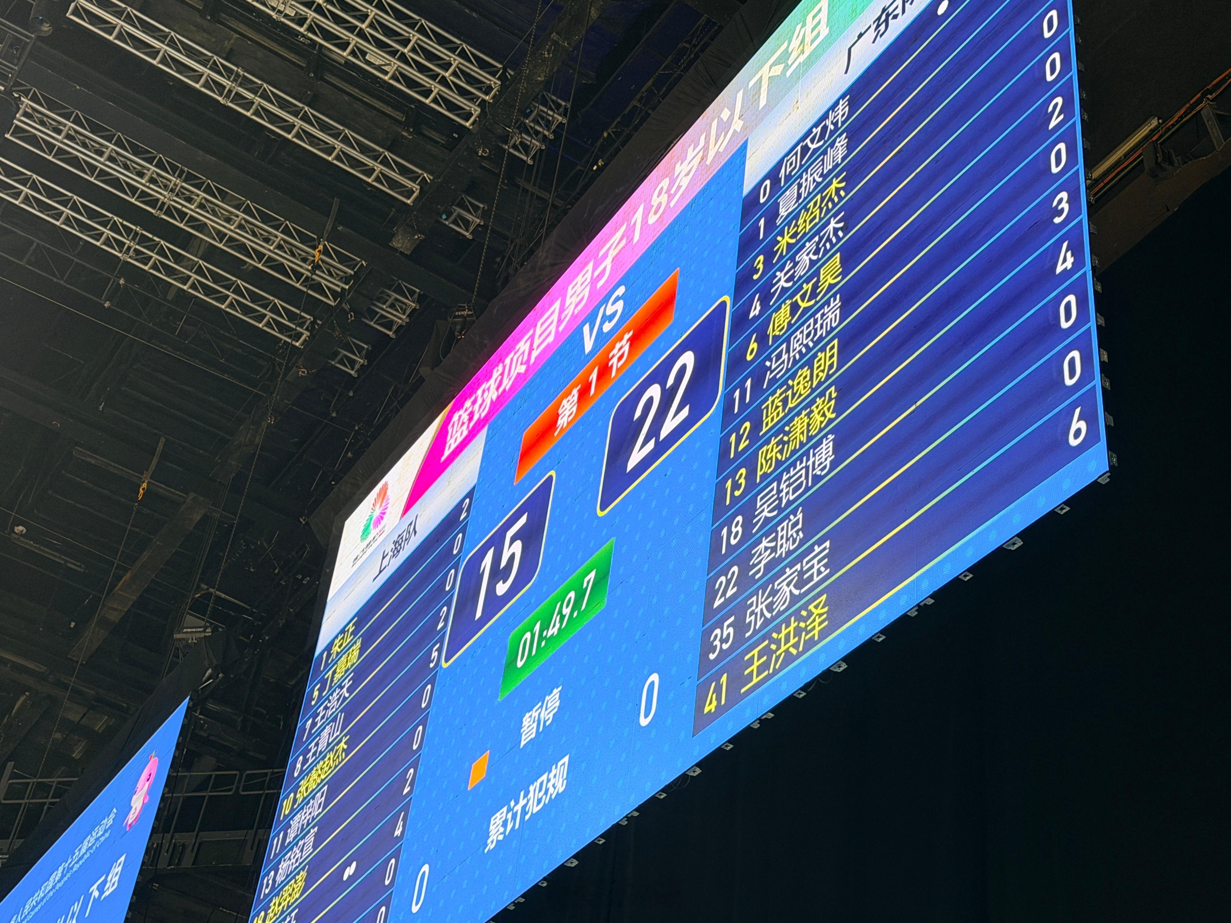 第一节结束，上海15:22广东。广东内线优势明显 