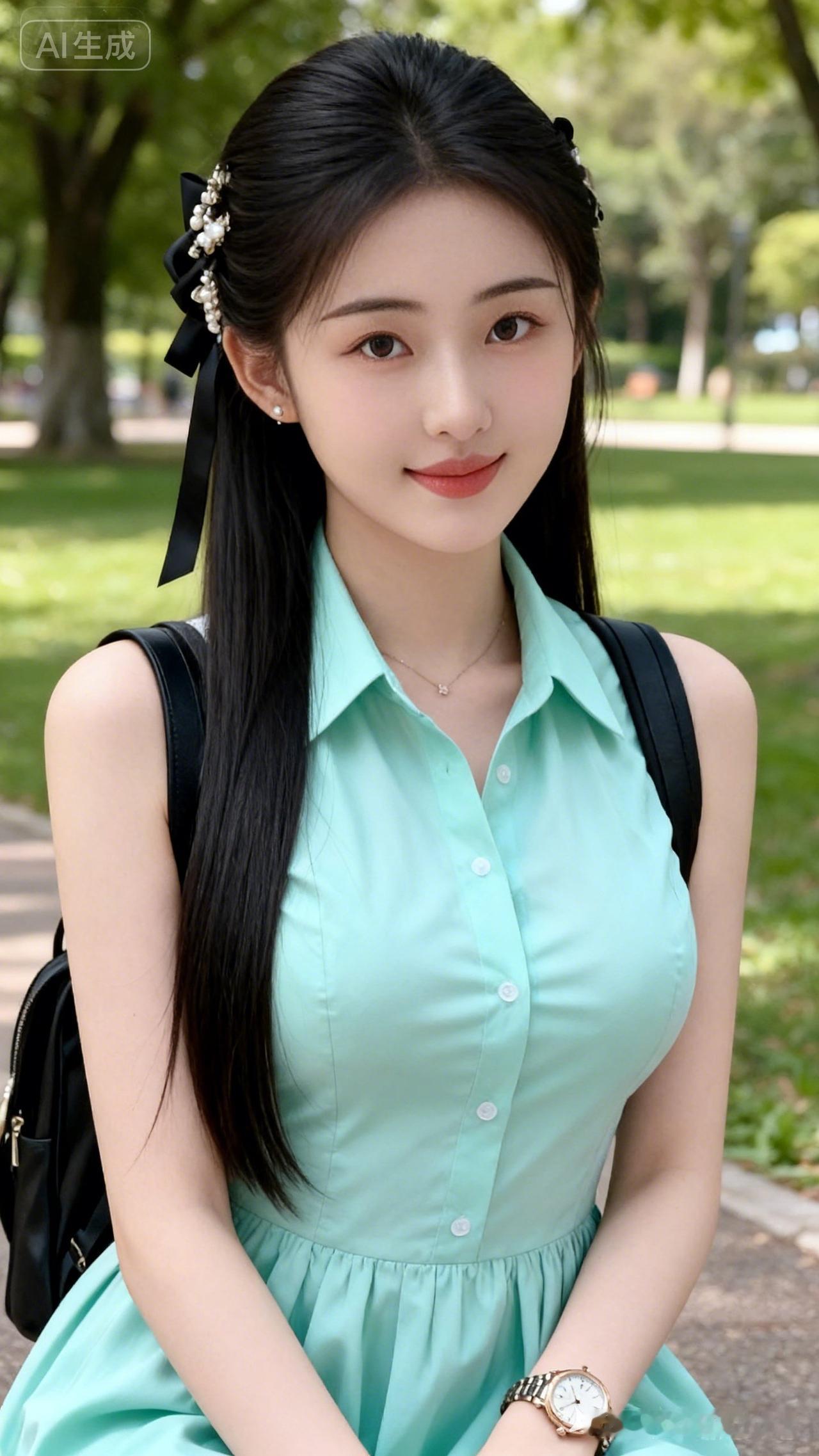 十八岁少女娃娃脸，桃花眼配柳叶弯眉，黑顺直发束黑丝珍珠蝴蝶结，耳饰细链精致，左手