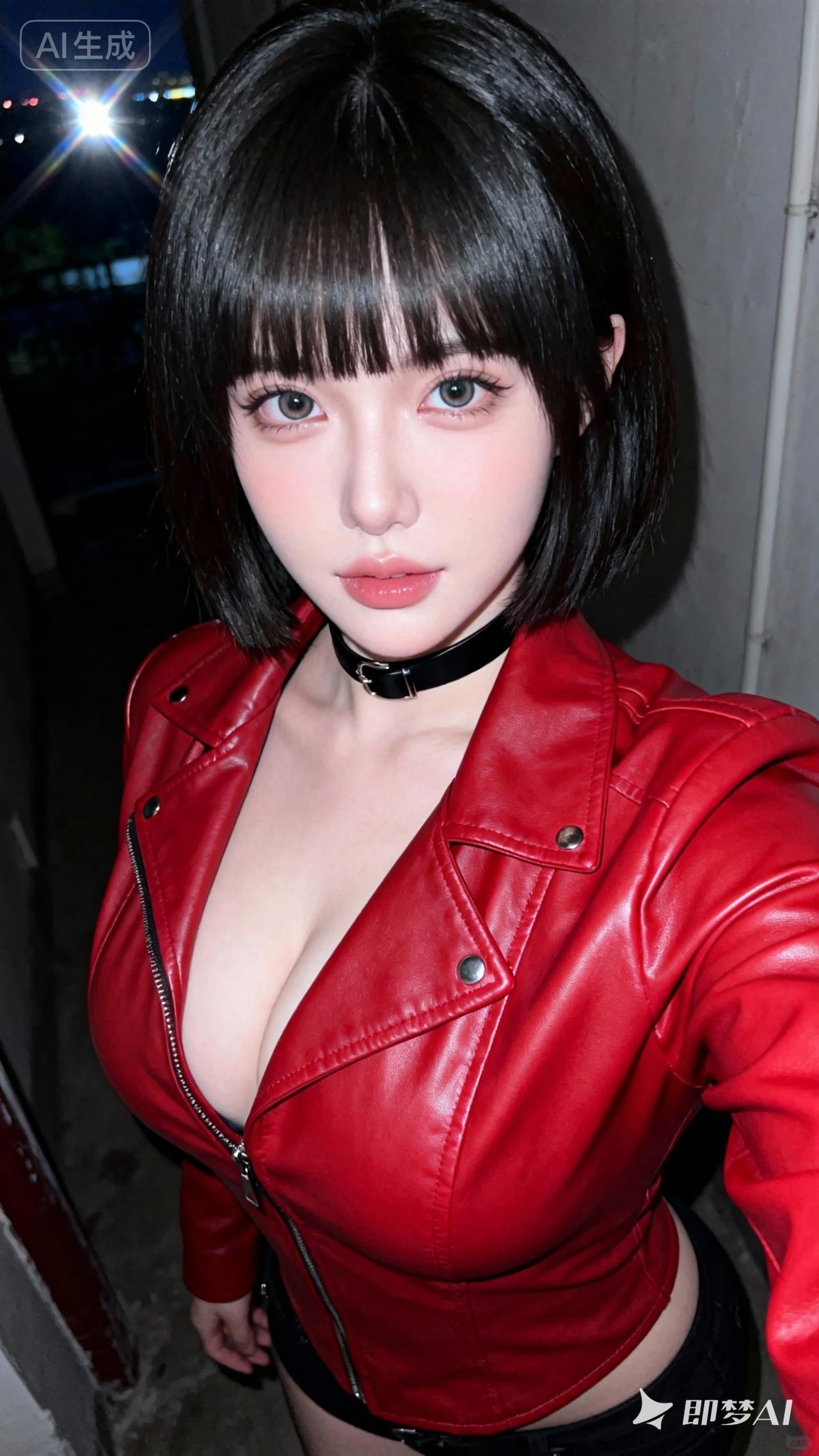 红衣映夜色，黑发衬风姿。