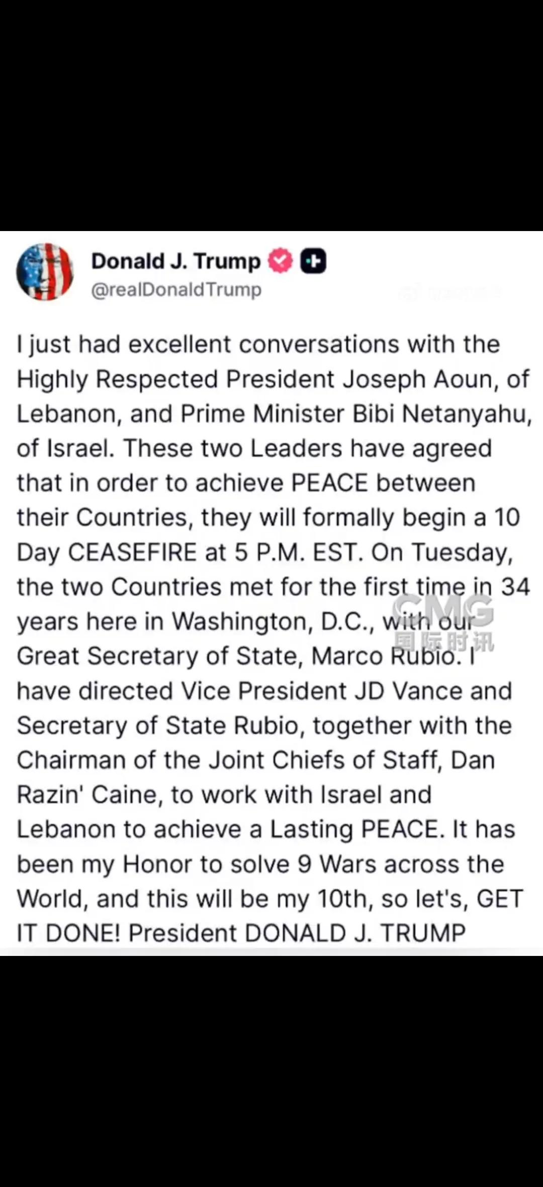 以色列和黎巴嫩达成临时停火10天的协议。懂王发帖说这都是他的功劳，是他与黎巴嫩总