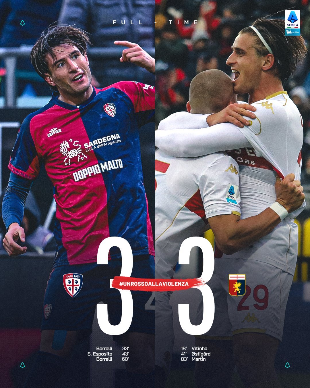 热那亚客场3：3卡利亚里队，首发出场88分钟的洛伦佐·科隆博🇮🇹送出一记助攻