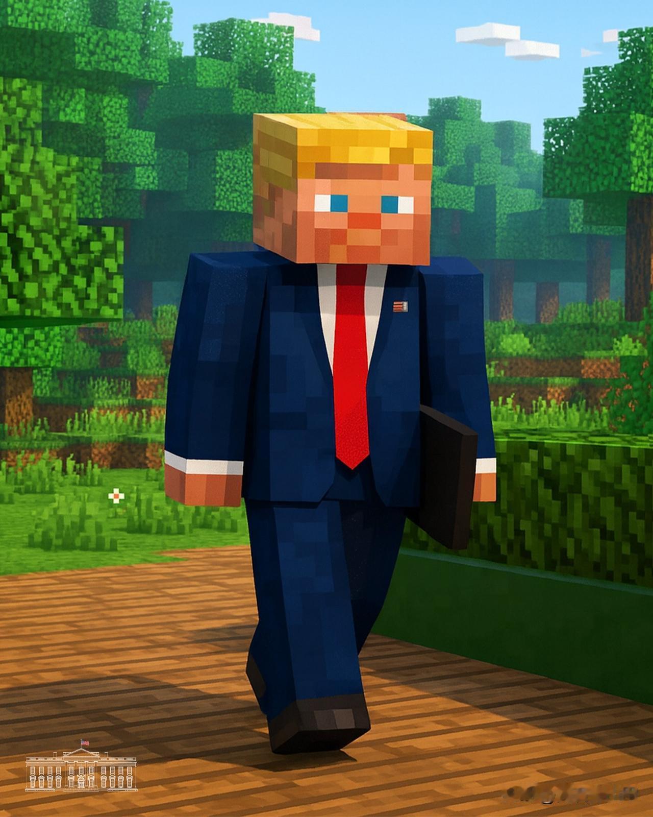 蓝西装红领带，白宫官方账号发布特朗普方块人图片
 
2025年12月12日，白宫