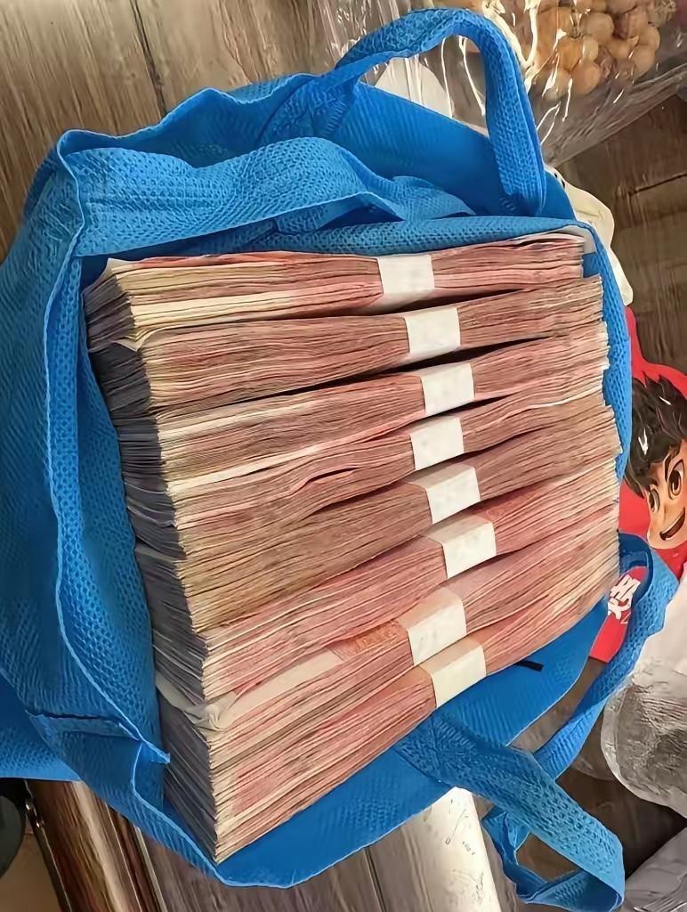 今天去交房子首付，八十万，用一个蓝色无纺布袋装着，一沓一沓码得整整齐齐。到了售楼