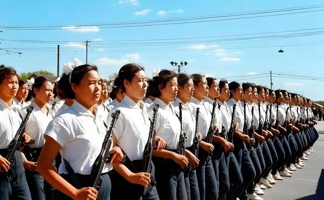 1958年国庆阅兵式上，女民兵方队正迈着整齐的步伐通过天安门广场。她们身着简洁利