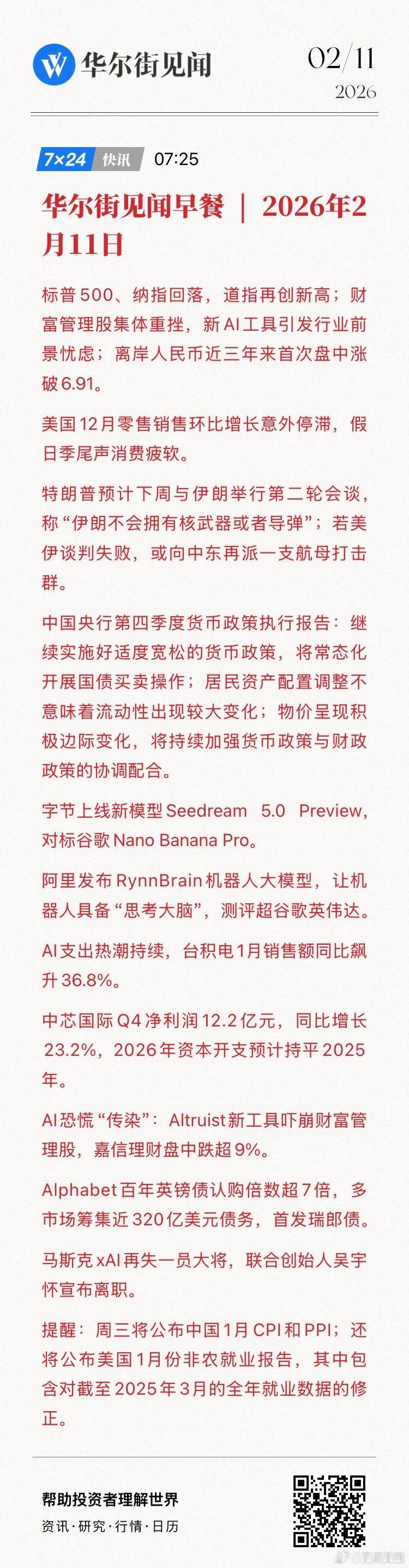 【华尔街见闻早餐 | 2026年2月11日】标普500、纳指回落，道指再创新高；