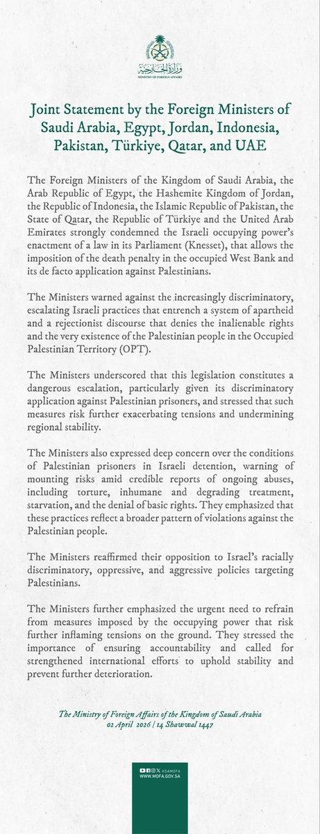 沙特、埃及、约旦、印度尼西亚、巴基斯坦、卡塔尔、突尼斯和阿联酋的外交部长联合发文