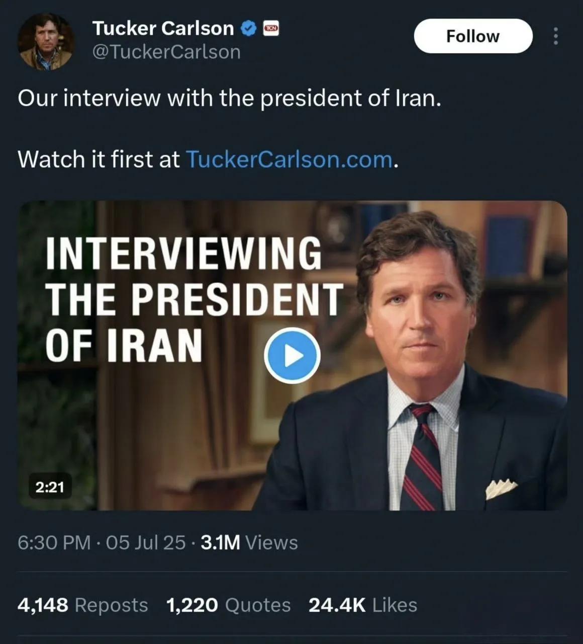 美国著名记者塔克·卡尔森在社交媒体上公布了他对伊朗总统佩泽希齐扬的采访，从佩泽希