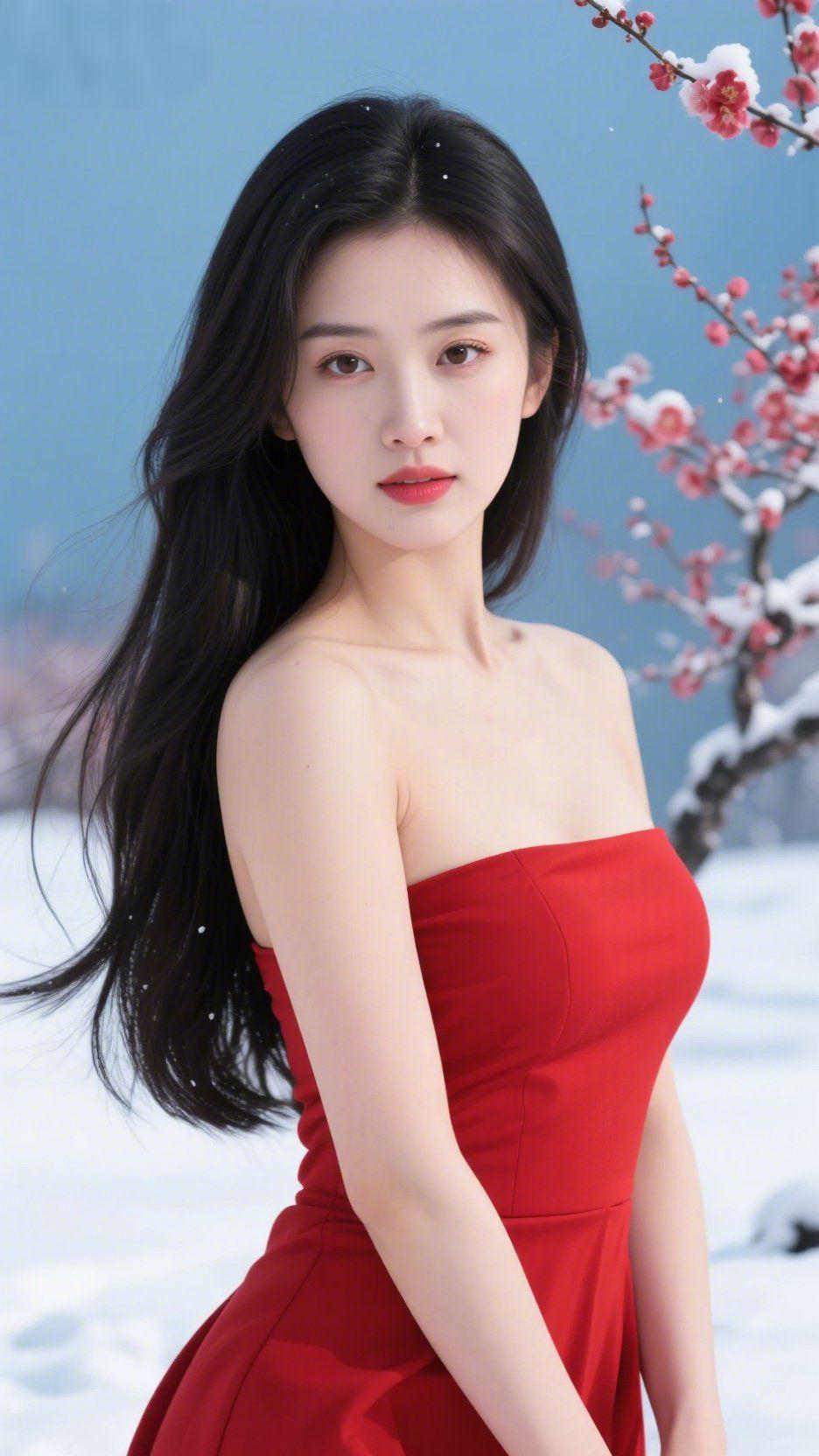 红裙映雪绽梅香
 
晴冷的冬日，雪粒落在红梅枝桠上，蓝天为底，衬得这抹红裙愈发鲜