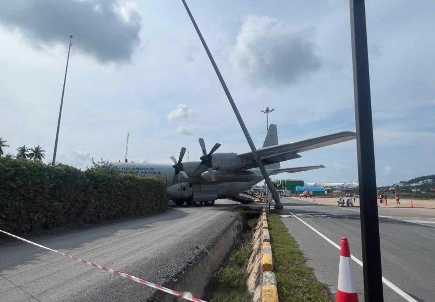 泰国皇家空军大力神 C-130 军用运输机在泰国苏梅岛机场启动发动机时因刹车系统