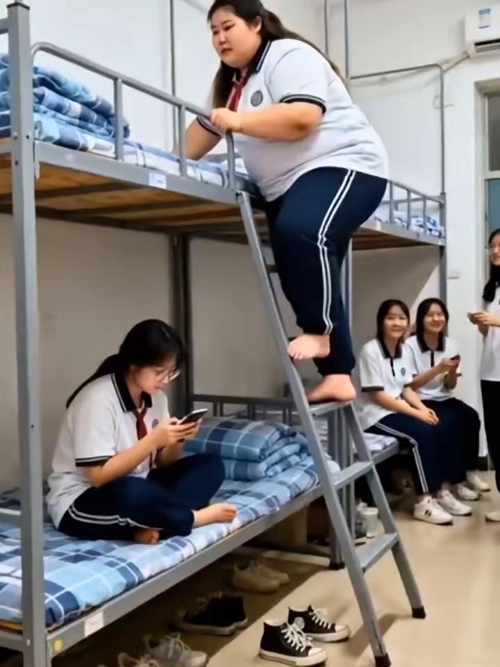 学校一点也不人性化，这么胖给她安排个上铺，真是太难为她了……