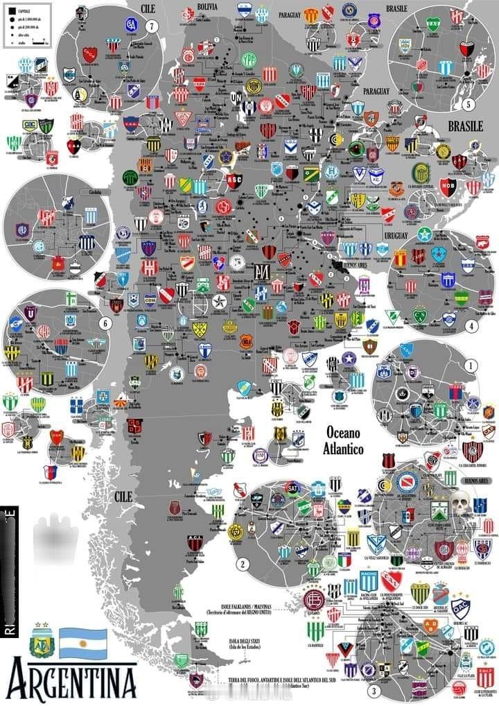 终于找到了 ! 收藏 !  阿根廷足球俱乐部的全国分布图🌎密密麻麻基本全覆盖，