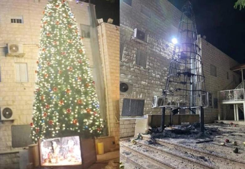 以色列占领的约旦河西岸城市杰宁，3名巴勒斯坦人涉嫌在一座天主教堂纵火焚烧圣诞树，