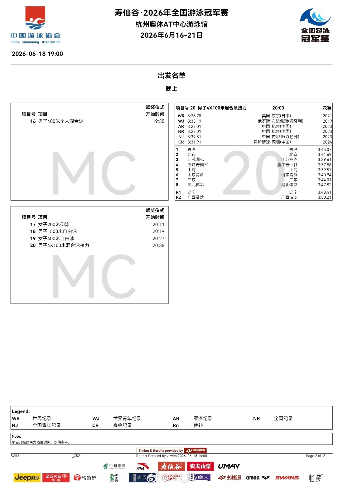 2026年全国游泳冠军赛 第三天决赛秩序单没有选手弃权 