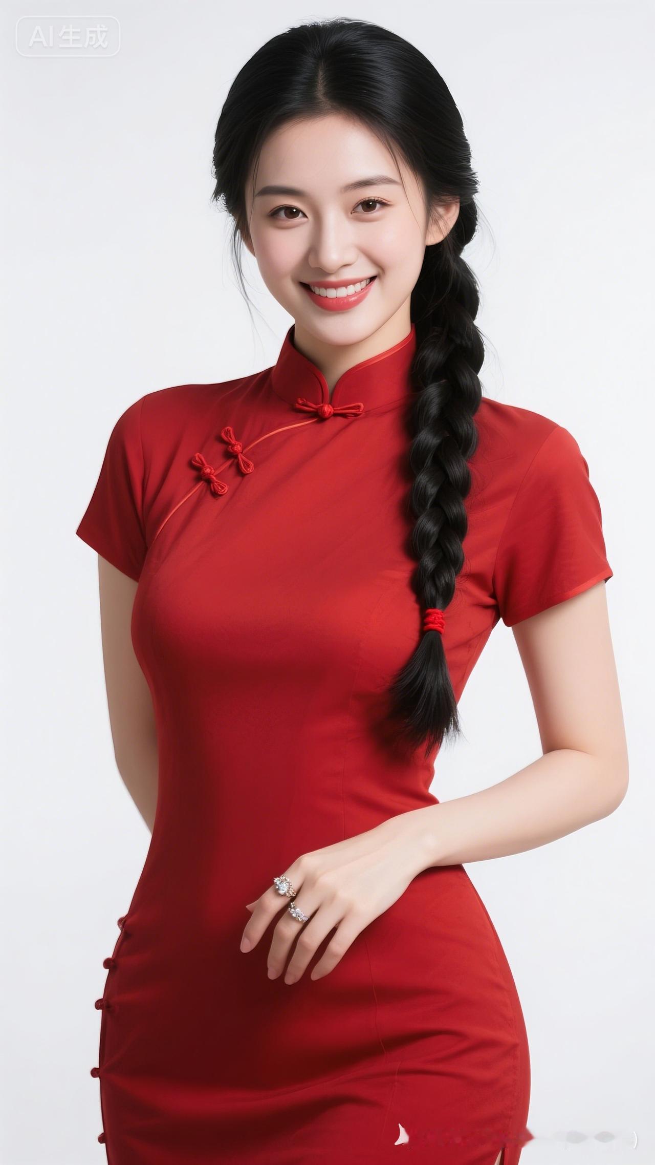 优雅红裙，甜美笑容，元气满满的一天！🌟✨