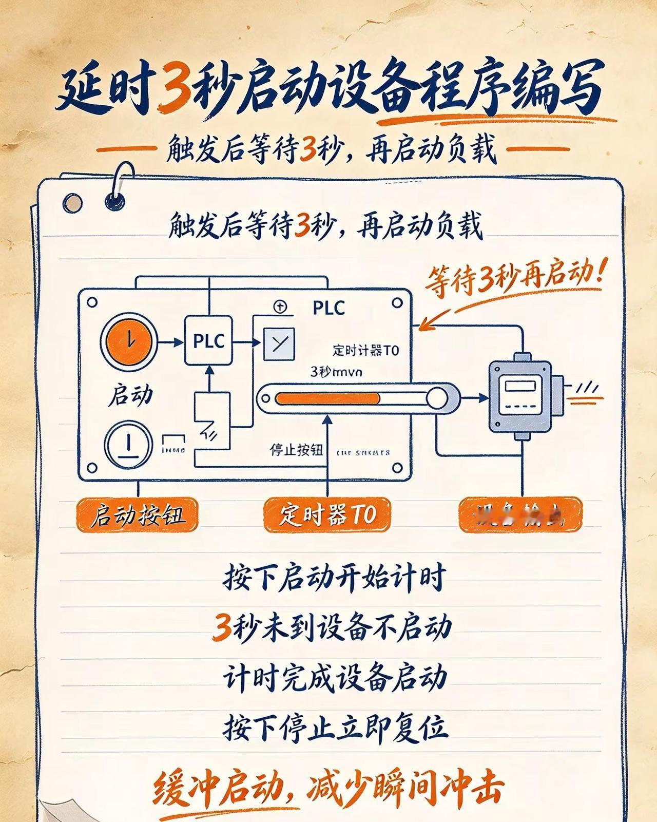 很多现场需要延时缓冲启动，比如风机、输送带，触发后等待 3 秒再运行，避免瞬间冲