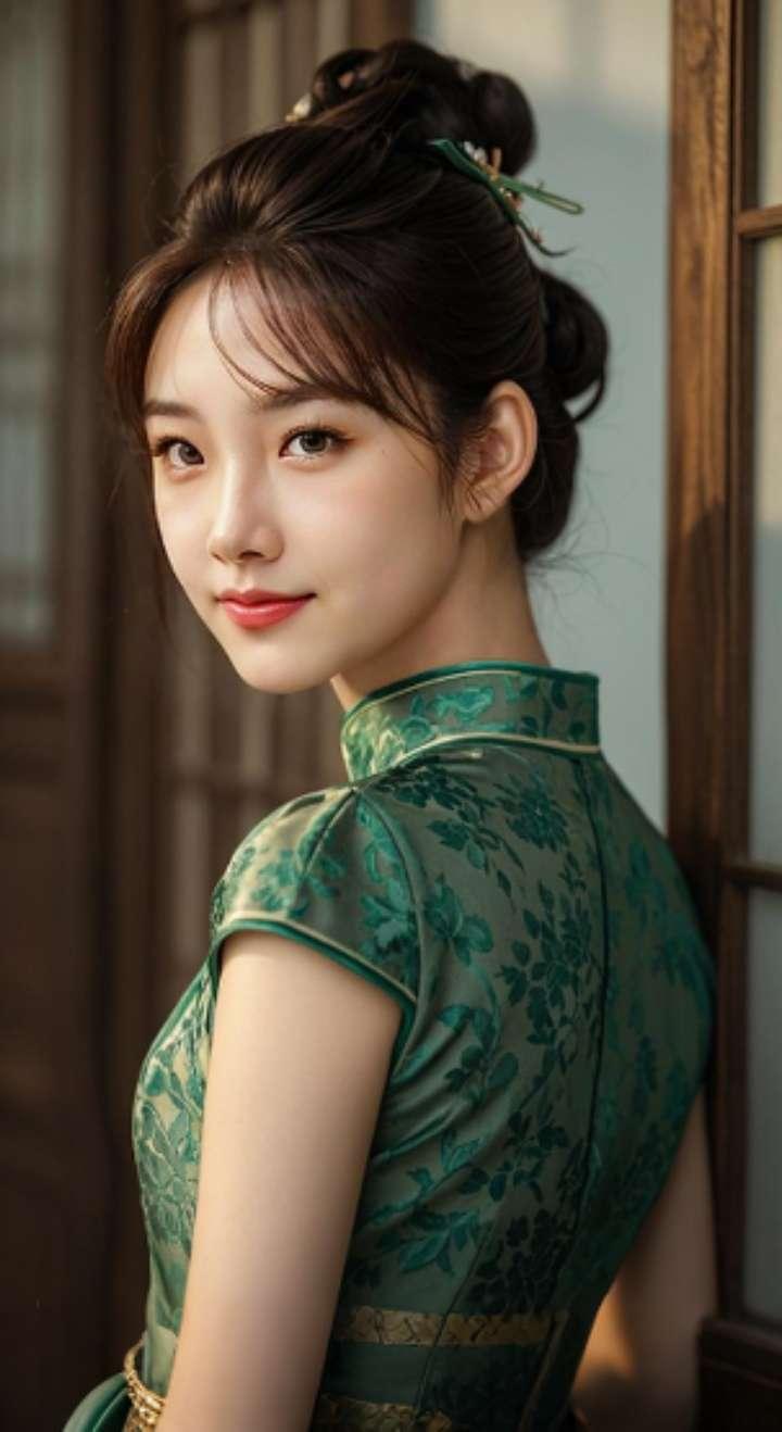 AI扩图 AI绿旗袍佳人