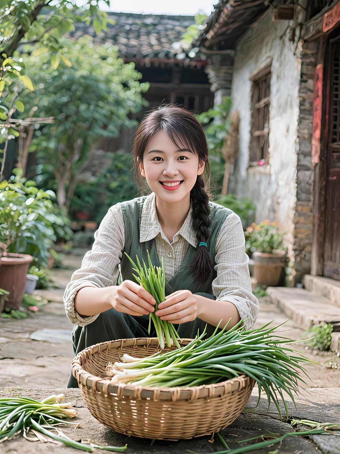 乡村生活小确幸：亲手采摘的绿色蔬菜，笑容满面