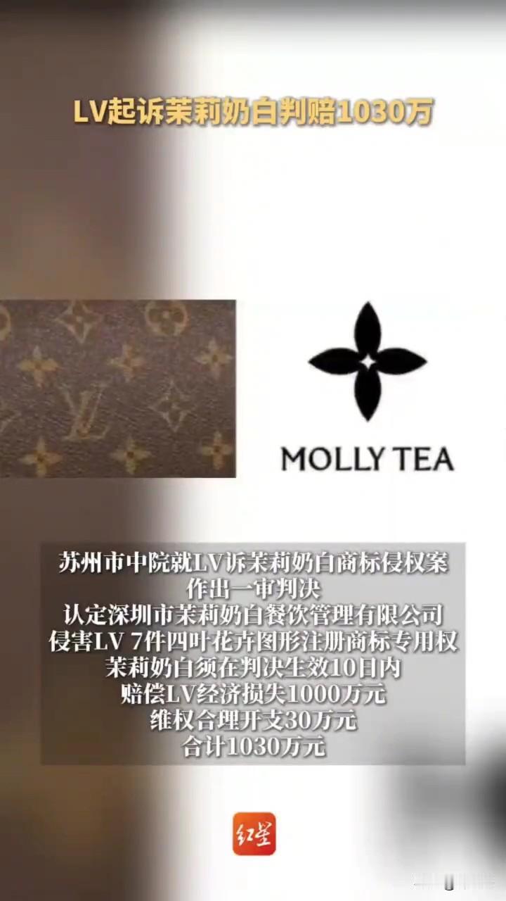 谁能想到一个类似的商标就能赔出天价！

据悉，LV诉茉莉奶白商标侵权案已经判完了
