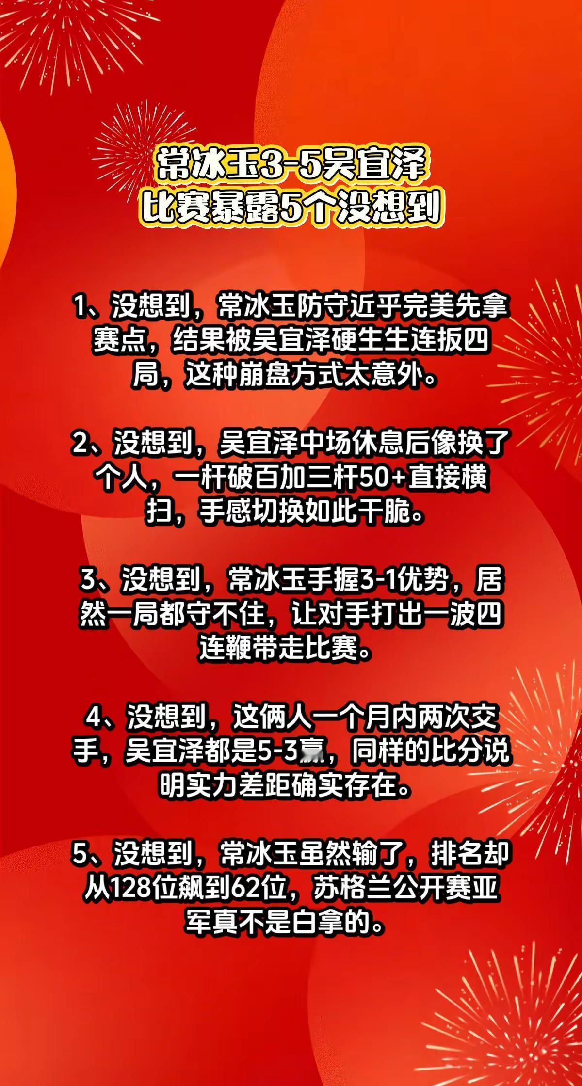 常冰玉3-5吴宜泽，比赛暴露5个没想到。常冰玉吴宜泽