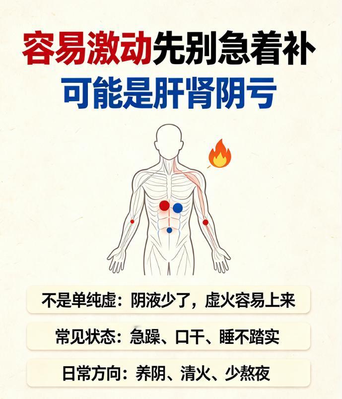 容易激动不要盲目进补，有可能是肝肾阴亏