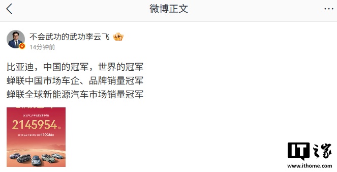 中国 / 世界的冠军：比亚迪 2025 年上半年累计销售 2,145,954 辆