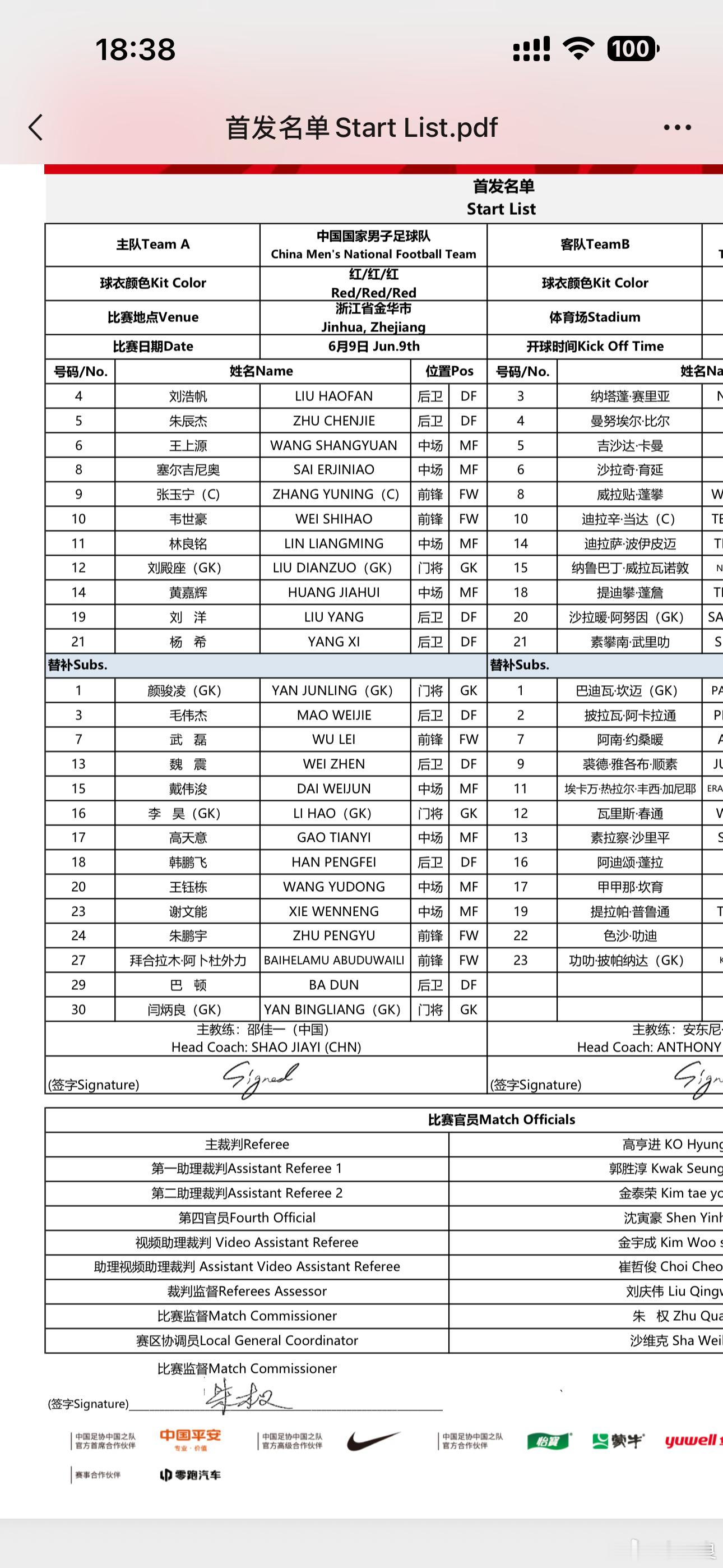 国足VS泰国门将继续轮换，中卫刘浩帆首发，浙江队球员的在半个主场，双后腰组合黄嘉