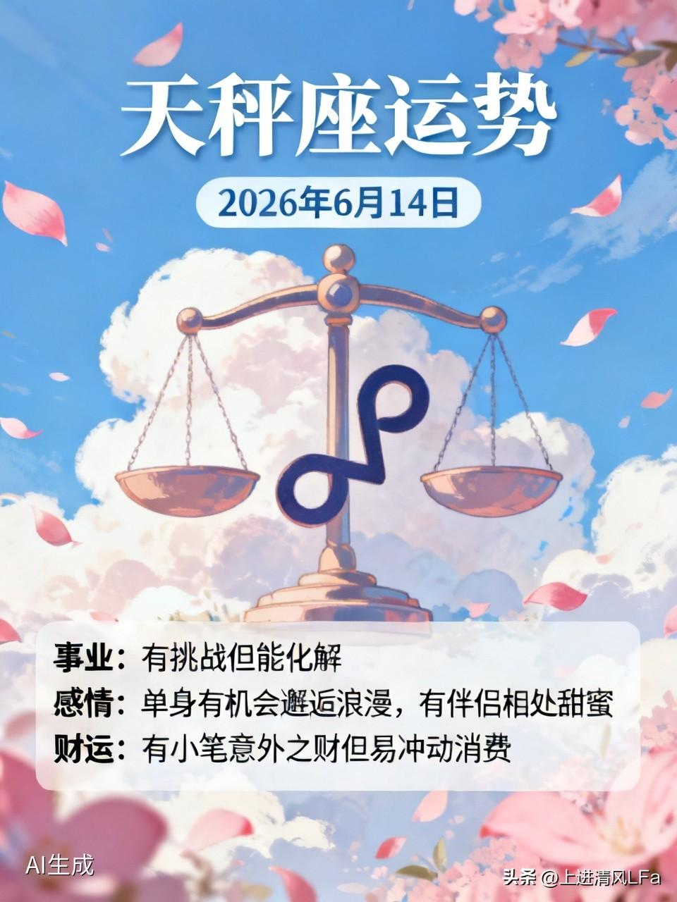 天秤座在26年6月14日这天，运势有起有伏。事业上，可能会遇到一些小挑战，比如突