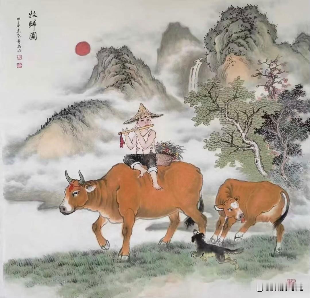 牧童牛群映山间，乡野童趣乐无边。
汤希忠老师精品国画《乡野童趣》
中艺书画分享 